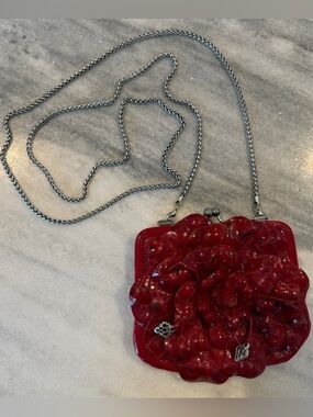 Brighton Roselie Red Leather Small Bag on Chain Coin Purse Evening Bag Clutch